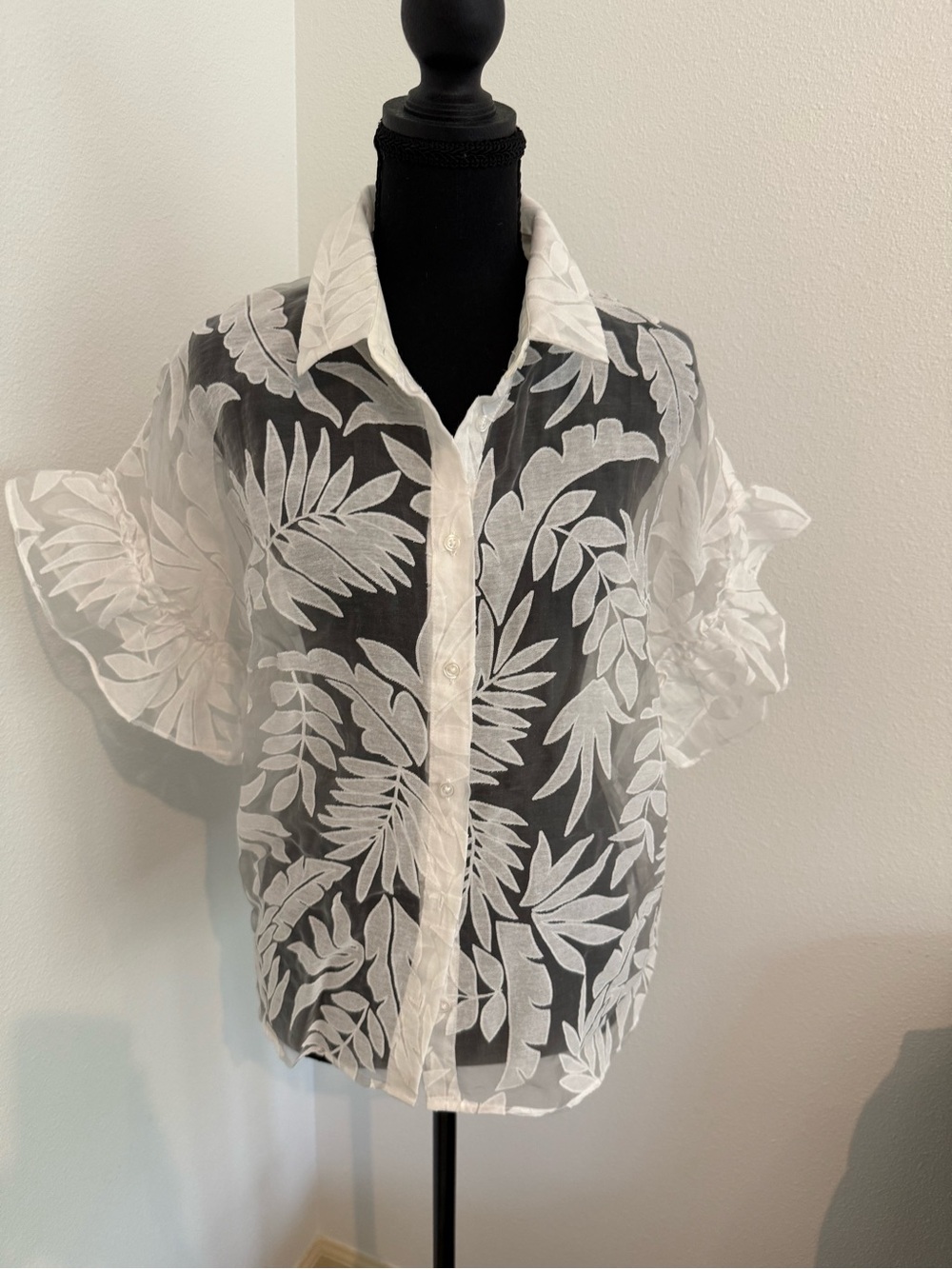 Sheer White Leaf-Embroidered Button-Down Shirt
